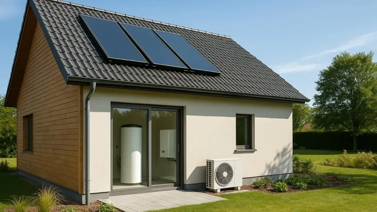 Maison moderne avec panneaux solaires sur le toit et unité extérieure d'un système solaire combiné.