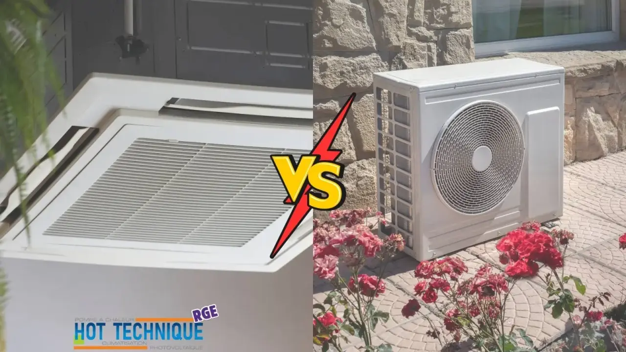 Comparaison entre une unité intérieure de climatisation et une unité extérieure de PAC réversible, avec des roses en premier plan.