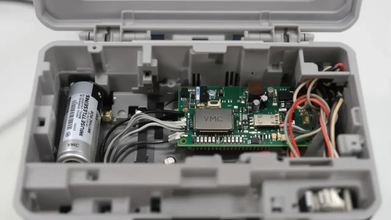 Intérieur d'un boîtier gris ouvert, révélant un circuit imprimé VMC, une batterie et des fils. Le VMC qui bip pourrait indiquer un problème.