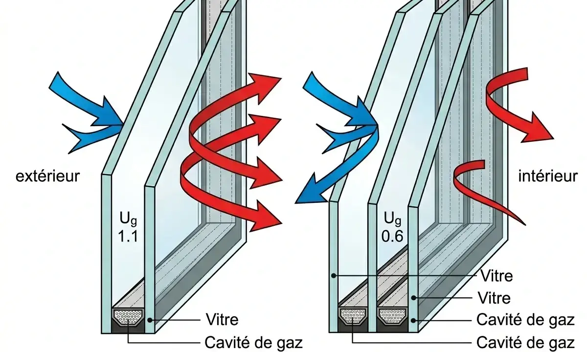 Comparaison double et triple vitrage : l'épaisseur des cavités de gaz réduit la déperdition thermique.