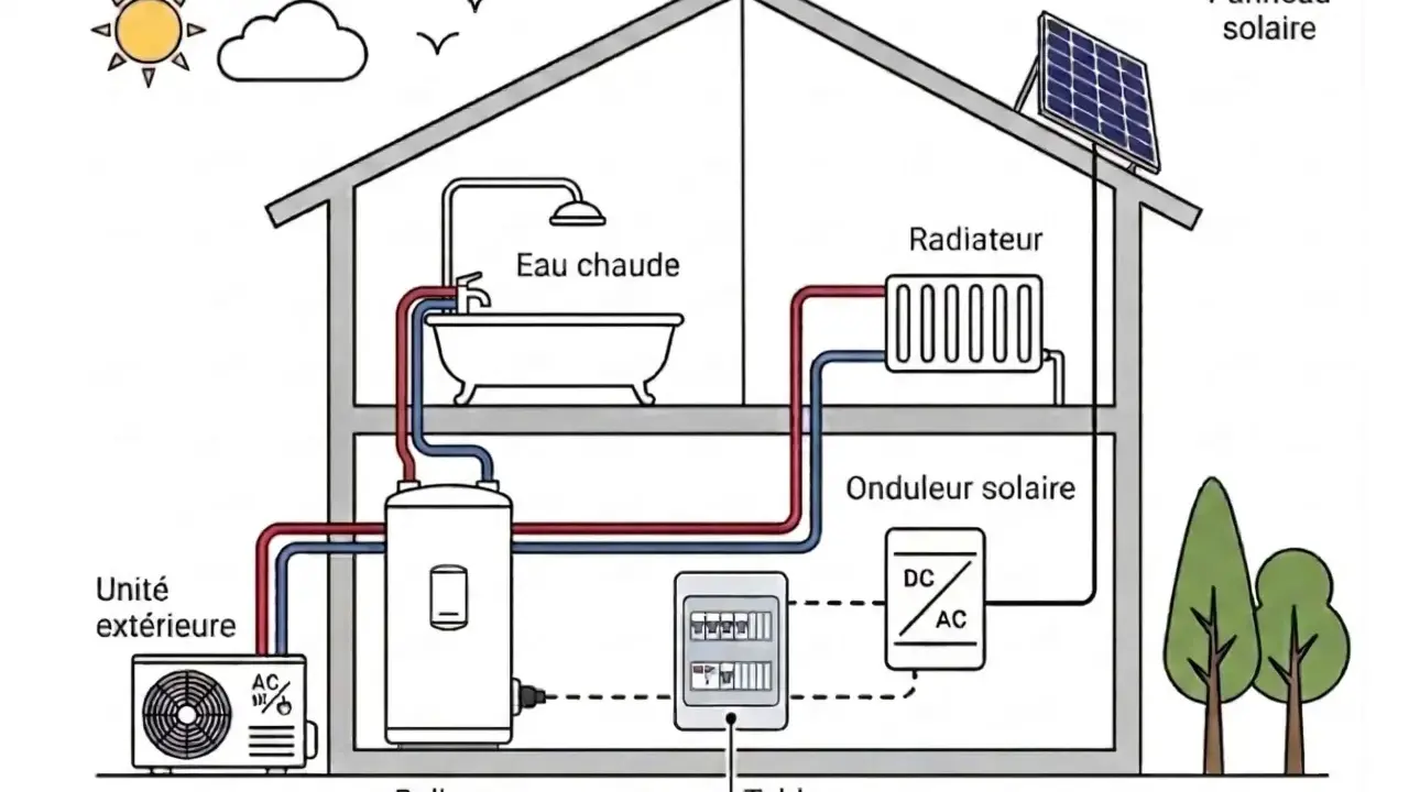 Schéma d'une maison avec un ballon thermodynamique, un panneau solaire, un radiateur et une unité extérieure.