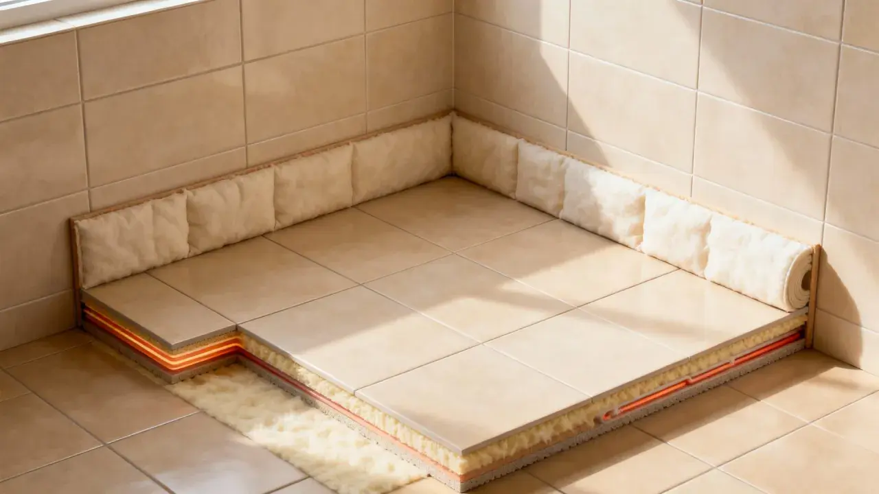 Coupe d'un sol carrelé montrant le système de chauffage et l'isolation sous carrelage, avec des matériaux isolants moelleux sur les côtés.