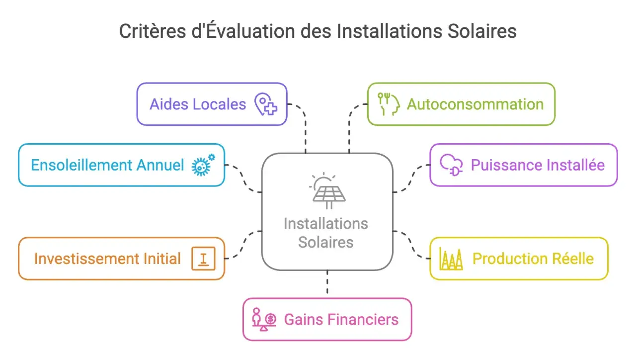 Schéma des critères d'évaluation des installations solaires, incluant l'investissement initial pour le calcul rentabilité panneau solaire, l'autoconsommation et les gains financiers.