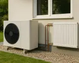 Unité extérieure d'une pompe à chaleur installée près d'un radiateur électrique blanc, avec des tuyaux en cuivre reliant les deux.