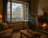 Salon cosy avec feu de cheminée, fenêtre ouverte sur un paysage enneigé. L'air frais circule, offrant une agréable **aération maison**.