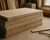 Panneau de fibre de bois empilé, prêt pour l'isolation. Un inconvénient potentiel : la poussière.