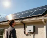 Un homme regarde des panneaux solaires sur un toit. Un onduleur est fixé au mur, gérant l'énergie grâce à la technologie MPPT pour une efficacité maximale.