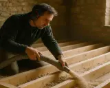 Pose d'isolation chanvre : prix m2. Un homme installe un isolant naturel dans une structure en bois.