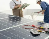 Techniciens effectuant le calcul batterie solaire, avec des panneaux solaires et du matériel de mesure.