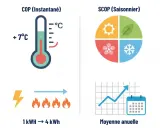 Illustration du rendement d'une pompe à chaleur : COP instantané avec thermomètre et 1 kWh pour 4 kWh de chaleur, et SCOP saisonnier avec les saisons et une moyenne annuelle.