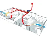 Schéma d'une maison avec un système de vmc automatique. L'air frais entre par les fenêtres et l'air vicié est extrait par le système central.
