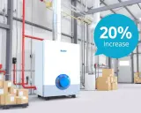 Chaudière gaz Boarer dans un entrepôt. Un message indique "20% increase". Entretien chaudière gaz.