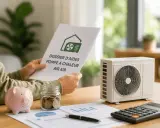 Une personne examine un dossier sur le prix d'une pompe à chaleur air air, avec une tirelire et une calculatrice à proximité.