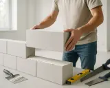 Un maçon pose une brique de béton cellulaire isolant. Des outils de maçonnerie sont visibles.