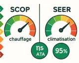 Indicateurs SCOP et SEER pour l'efficacité énergétique saisonnière. Le chauffage est à 95%, la climatisation est bonne.