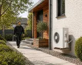 Un technicien se dirige vers une pompe à chaleur air air non réversible installée sur un mur de briques.