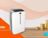 Climatisation en vente, profitez d'une longue durée garantie pour votre confort. Des piles de pièces d'or symbolisent l'économie.
