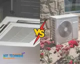Comparaison entre une unité intérieure de climatisation et une unité extérieure de PAC réversible, avec des roses en premier plan.