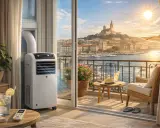Climatiseur mobile en mode swing, diffusant une brise fraîche sur un balcon avec vue sur la mer et la ville ensoleillée.