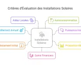 Schéma des critères d'évaluation des installations solaires, incluant l'investissement initial pour le calcul rentabilité panneau solaire, l'autoconsommation et les gains financiers.