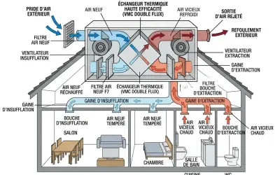 Schéma d'une VMC double flux. Ce système gère l'air intérieur pour éviter l'humidité maison, en filtrant et réchauffant l'air neuf tout en évacuant l'air vicié.