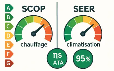 Indicateurs SCOP et SEER pour l'efficacité énergétique saisonnière. Le chauffage est à 95%, la climatisation est bonne.