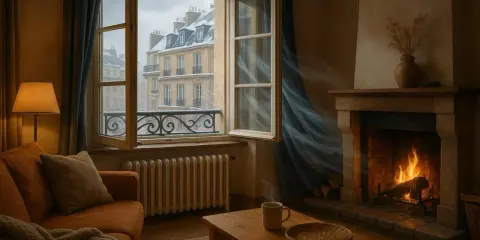 Salon cosy avec feu de cheminée, fenêtre ouverte sur un paysage enneigé. L'air frais circule, offrant une agréable **aération maison**.