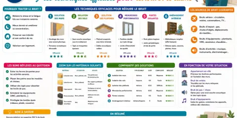 Les techniques efficaces pour réduire le bruit : isolation des murs, sols, plafonds, menuiseries, portes et aménagement intérieur pour une isolation phonique optimale.