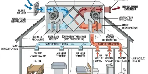 Schéma d'une VMC double flux. Ce système gère l'air intérieur pour éviter l'humidité maison, en filtrant et réchauffant l'air neuf tout en évacuant l'air vicié.