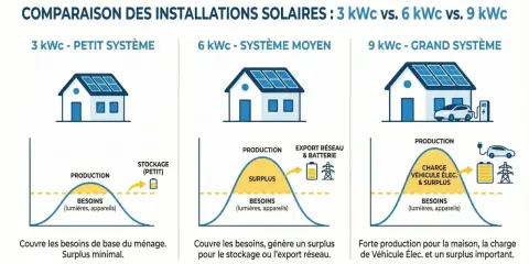 Comparaison de la puissance panneau solaire : 3, 6 et 9 kWc. Le système 9 kWc offre une forte production pour la maison, la recharge de véhicule électrique et un surplus important.