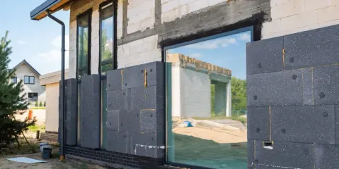 Maison en construction avec isolation par l'extérieur en panneaux gris. Les fenêtres reflètent le ciel bleu et un autre bâtiment.