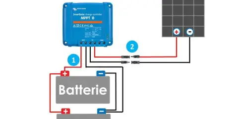 Schéma de branchement d'un régulateur MPPT Victron Energy. Il connecte un panneau solaire à deux batteries via le régulateur.