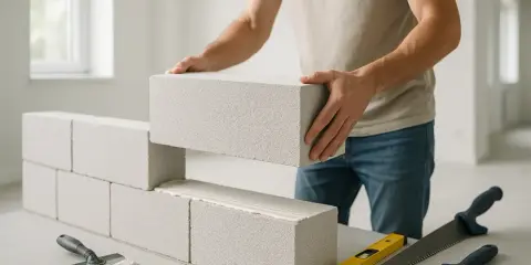 Un maçon pose une brique de béton cellulaire isolant. Des outils de maçonnerie sont visibles.