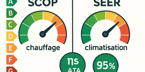 Indicateurs SCOP et SEER pour l'efficacité énergétique saisonnière. Le chauffage est à 95%, la climatisation est bonne.
