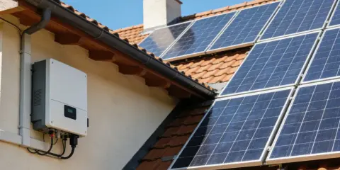 Panneau solaire sur un toit avec un onduleur blanc. Pour savoir si un onduleur ne fonctionne plus, vérifiez son écran ou les voyants lumineux.