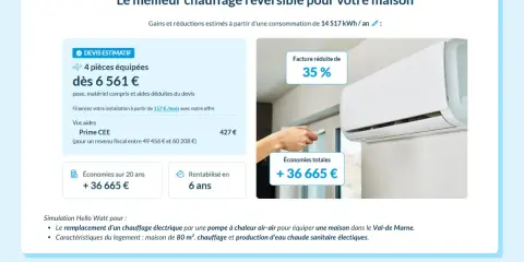 Devis estimatif pour un système de chauffage air-air gainable : 4 pièces équipées dès 6 561 €, avec des économies totales de 36 665 €.
