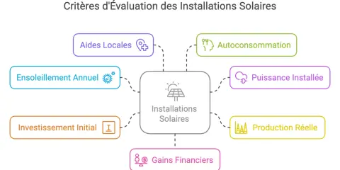 Schéma des critères d'évaluation des installations solaires, incluant l'investissement initial pour le calcul rentabilité panneau solaire, l'autoconsommation et les gains financiers.