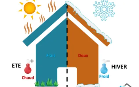 Illustration montrant comment garder la chaleur dans une maison mal isolée : soleil et chaleur en été, flocon et froid en hiver.