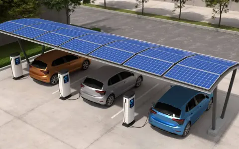Voiture électrique en charge sous un abri solaire. L'aide panneau photovoltaïque alimente les bornes de recharge pour un avenir durable.