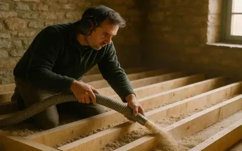 Pose d'isolation chanvre : prix m2. Un homme installe un isolant naturel dans une structure en bois.