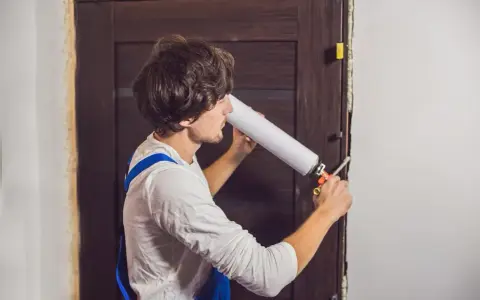 Un homme en salopette bleue utilise une mousse expansive pour comment isoler une porte.