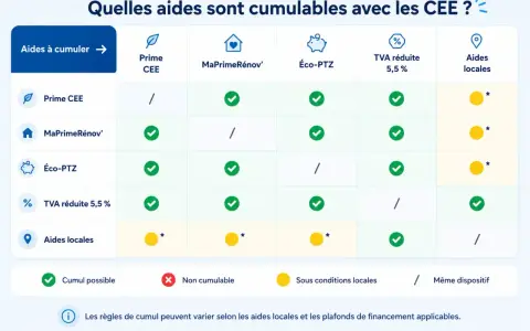 Tableau comparatif des aides cumulables avec la Prime CEE : MaPrimeRénov', Éco-PTZ, TVA réduite 5,5% et aides locales.