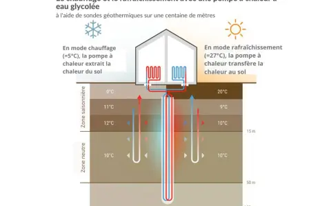 Schéma illustrant le fonctionnement d'une pompe à chaleur avec géothermie verticale : chauffage en hiver, rafraîchissement en été.