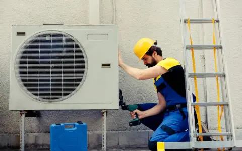 Technicien en bleu, casque jaune, installant une unité extérieure de pompe à chaleur. La garantie pompe à chaleur est assurée par ce professionnel.