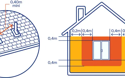 Schéma illustrant la réglementation sortie ventouse en façade : distances minimales de 0,40m sur le toit et 0,2m/0,4m en façade.