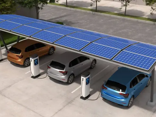 Voiture électrique en charge sous un abri solaire. L'aide panneau photovoltaïque alimente les bornes de recharge pour un avenir durable.