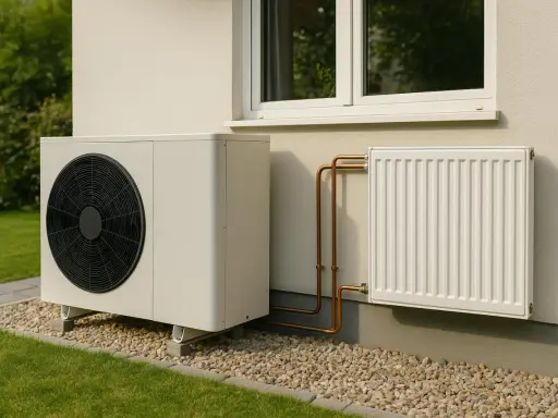 Unité extérieure d'une pompe à chaleur installée près d'un radiateur électrique blanc, avec des tuyaux en cuivre reliant les deux.
