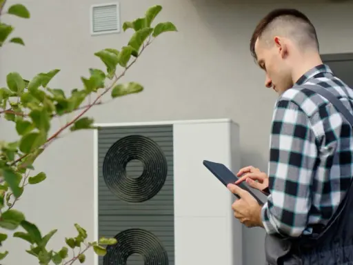 Un technicien vérifie une pompe à chaleur, soulignant l'avantage d'une solution de chauffage écologique et économique.