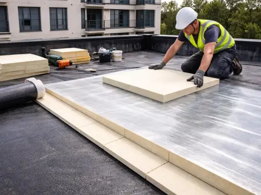 Un ouvrier pose des panneaux pour l'isolation d'un toit terrasse.