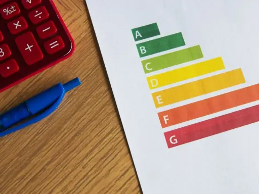 Calculatrice rouge, stylo bleu et graphique DPE. Le gel des loyers pourrait impacter les logements classés E.